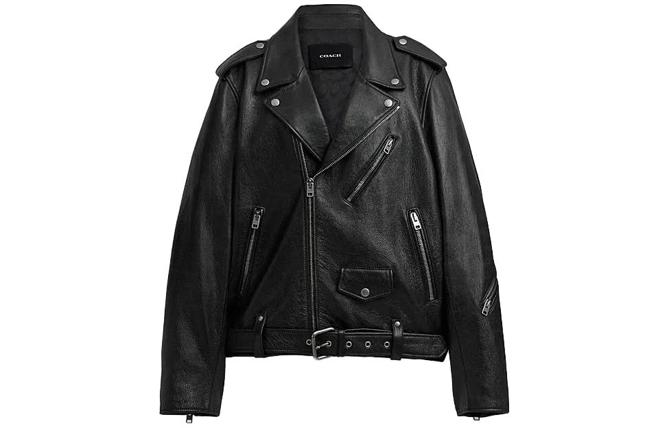 Order COACH FW23 黑色拉鍊翻領皮夾克 CL359-BLK