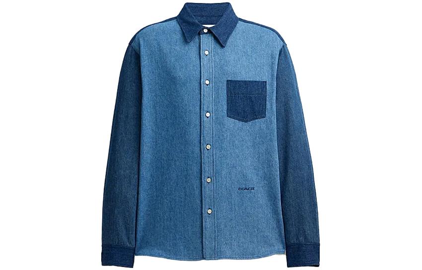 COACH FW23 Colorblock Logo Print Casual Long Sleeve Shirt  Navy Blue CL364-BFH