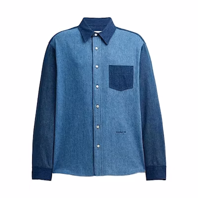 COACH FW23 Colorblock Logo Print Casual Long Sleeve Shirt Navy Blue CL364-BFH