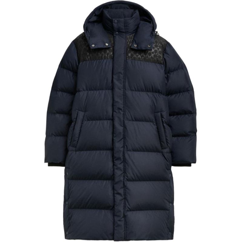 COACH FW24  Blue Logo Print Hooded Puffer Jacket with Pocket. CU889-RF2