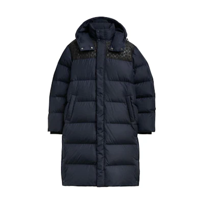 COACH FW24 Blue Logo Print Hooded Puffer Jacket with Pocket. CU889-RF2