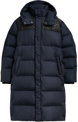 COACH FW24 Blue Logo Print Hooded Puffer Jacket with Pocket. CU889-RF2 Order COACH FW24 Blue Logo Print Hooded Puffer Jacket with Pocket. CU889-RF2