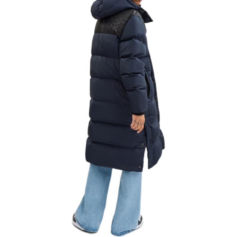 Shop COACH FW24  Blue Logo Print Hooded Puffer Jacket with Pocket. CU889-RF2