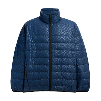 COACH FW24 Logo Print Stand Collar Zip Puffer Jacket - Blue CT730-WAE