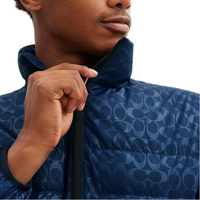 COACH FW24 Logo Print Stand Collar Zip Puffer Jacket - Blue CT730-WAE Purchase COACH FW24 Logo Print Stand Collar Zip Puffer Jacket - Blue CT730-WAE