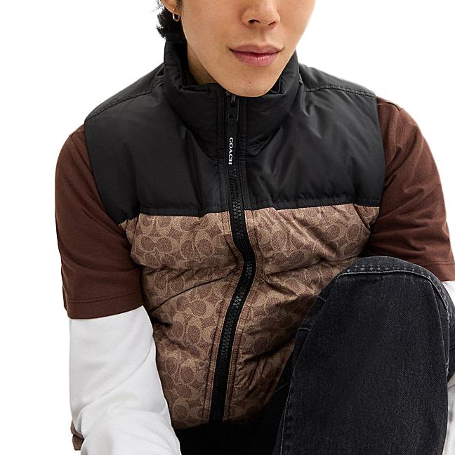 Purchase COACH FW24 Jaket Zip-Up Berblok Warna Coklat/Kuning CU801-RYU