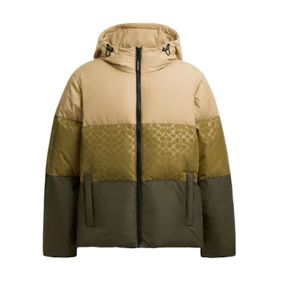 COACH FW24 Mixed Green Colorblock Down Jacket Hooded Outerwear. CU802-GRU