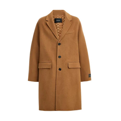 COACH FW24 Unisex Double-Sided Single-Breasted Long Coat in Camel. CV898-CAM