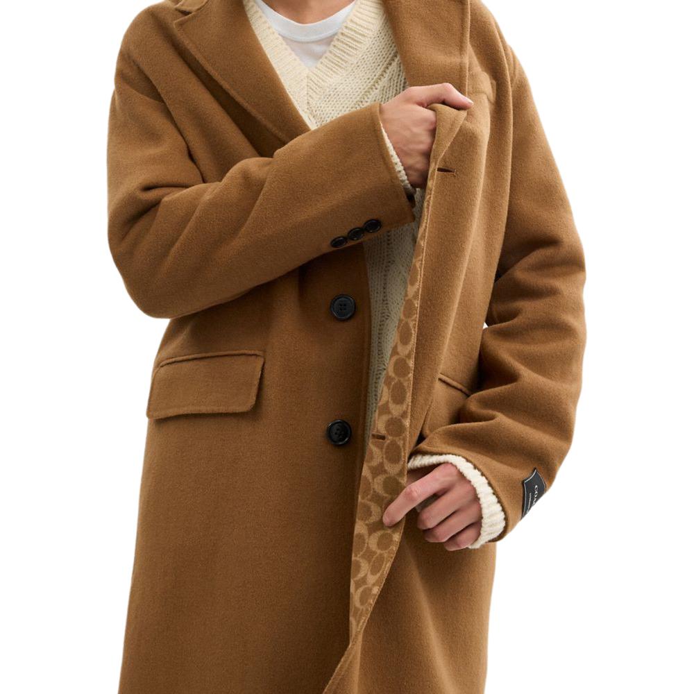 Sizing COACH FW24 男女款雙面駁領駁針長大衣駝色。 CV898-CAM