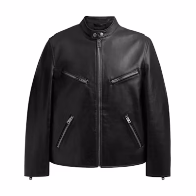 COACH Racer Black Leather Zip-Up Jacket with Crew Neck Design. CN944-BLK