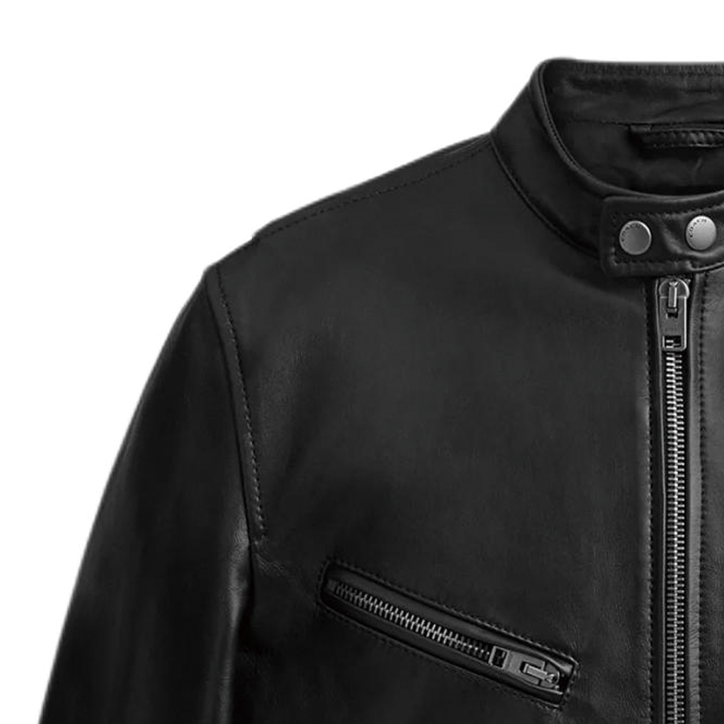 Details for COACH レーサー ブラックレザー ジップアップジャケット クルーネックデザイン. CN944-BLK