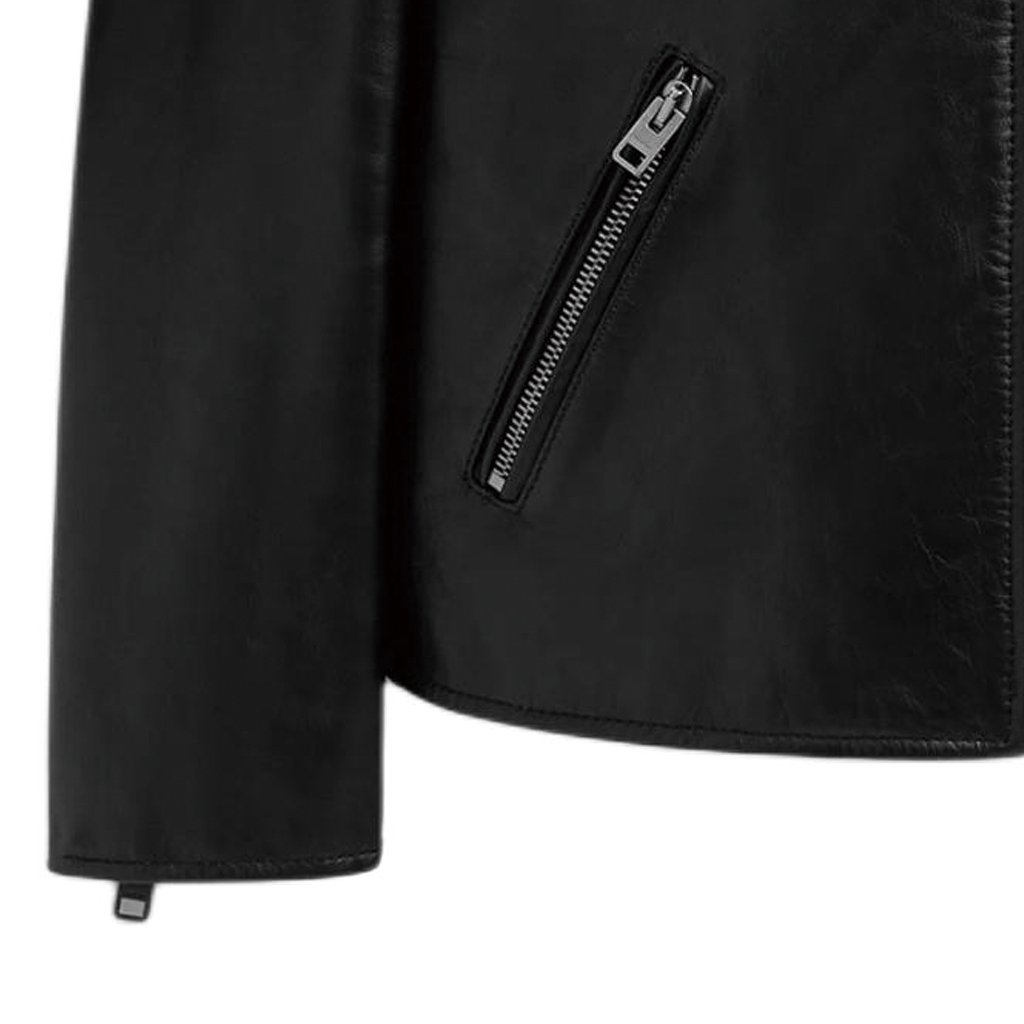 Sizing COACH レーサー ブラックレザー ジップアップジャケット クルーネックデザイン. CN944-BLK