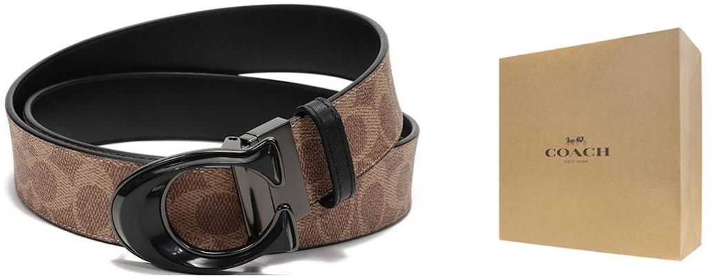COACH Reversible Leather Belt with Signature Print - Khaki/Black, 3.7cm Width 76428-KHBK Details for COACH Reversible Leather Belt with Signature Print - Khaki/Black, 3.7cm Width 76428-KHBK
