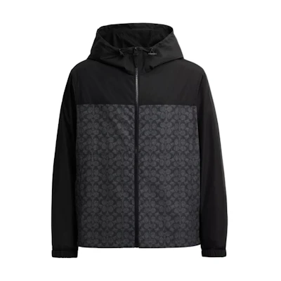 COACH Signature Black Full-Zip Windbreaker Jacket in Recycled Polyester. CV310-R8E