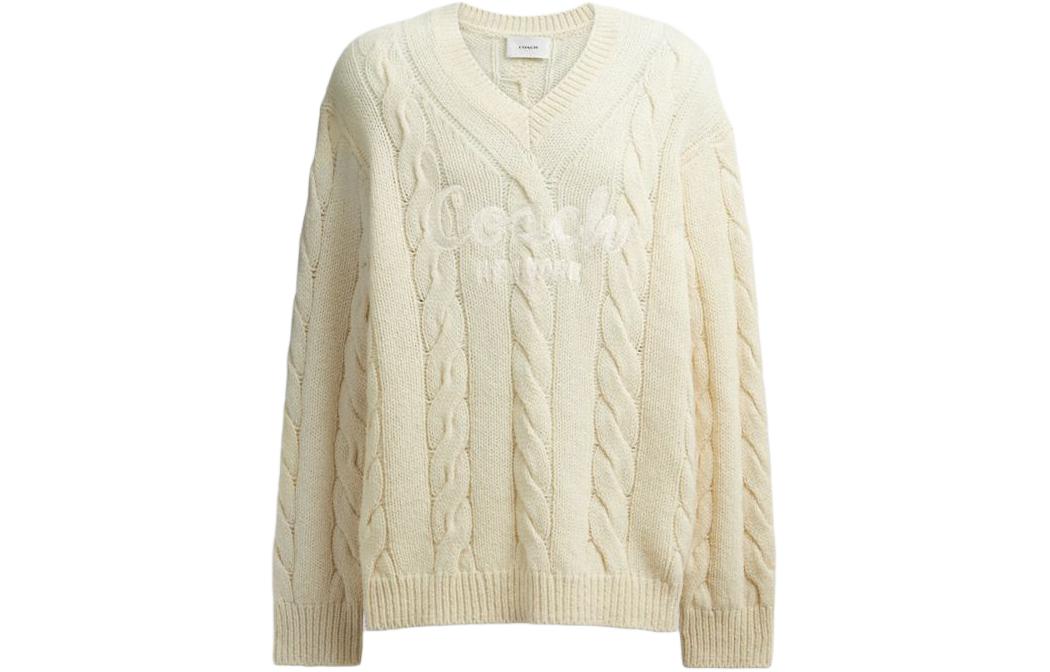COACH Solid Logo Embroidered Cable Knit V-Neck Sweater Unisex Ivory. CP972-VT5
