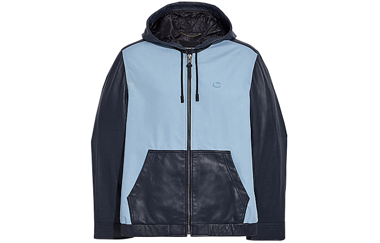 COACH SS21 Colorblock Leather Hooded Jacket in Fog Blue C4639-SU6