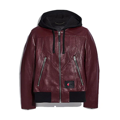 COACH SS21 Leather Hoodie Jacket Maroon 5916-BUR