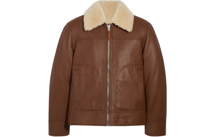 COACH SS21 Shearling Collar Leather Loose Jacket for Men 3072-TOB