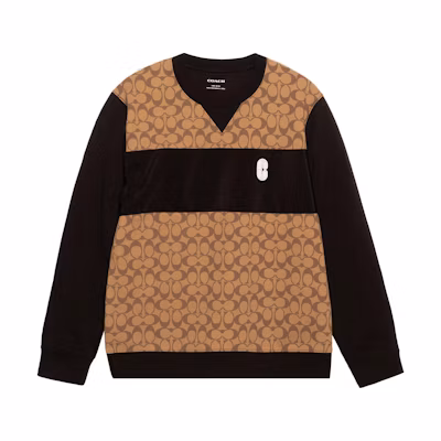 COACH SS22 Casual Beige Letter Print Patchwork Crewneck Sweatshirt C7816-OFZ