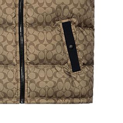 COACH SS22 Classic Logo Puffer Vest Jacket in Khaki. 4410-OFZ Details for COACH SS22 Classic Logo Puffer Vest Jacket in Khaki. 4410-OFZ