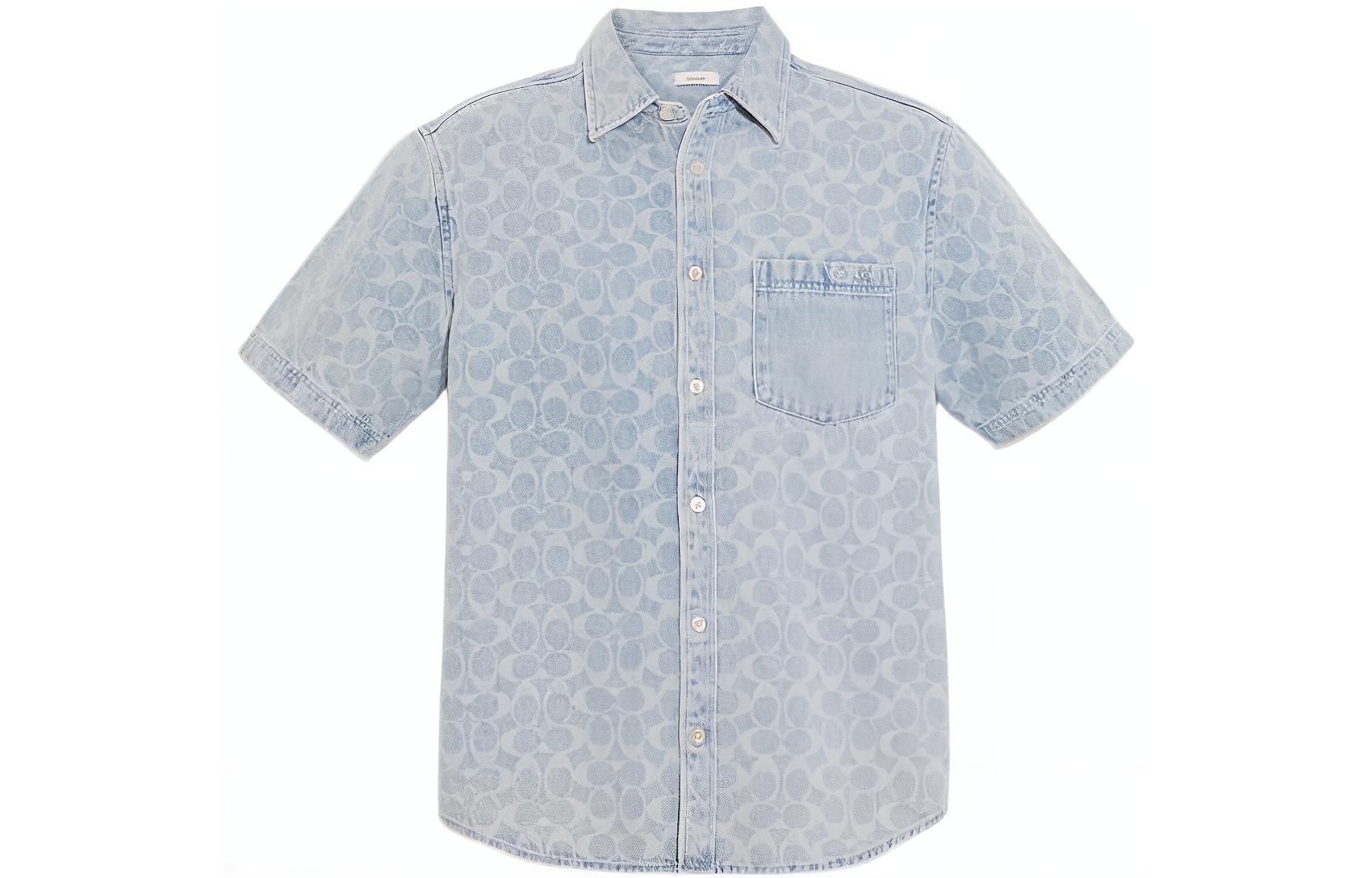 COACH SS22  Light Blue Logo Print Denim Short Sleeve Shirt. C9222-S8M
