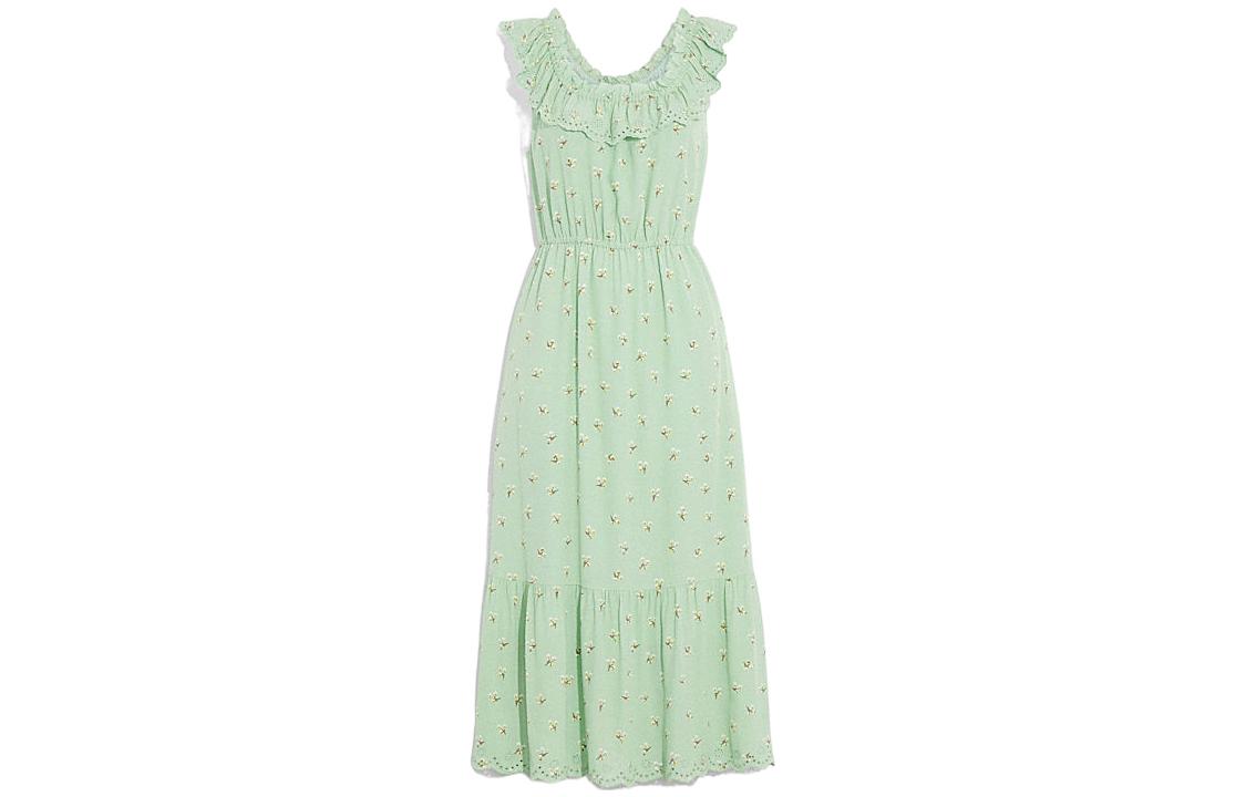 Order COACH SS22 Gaun Maxi Tanpa Lengan Hijau Bunga Pinggang Tinggi. CA669-GN