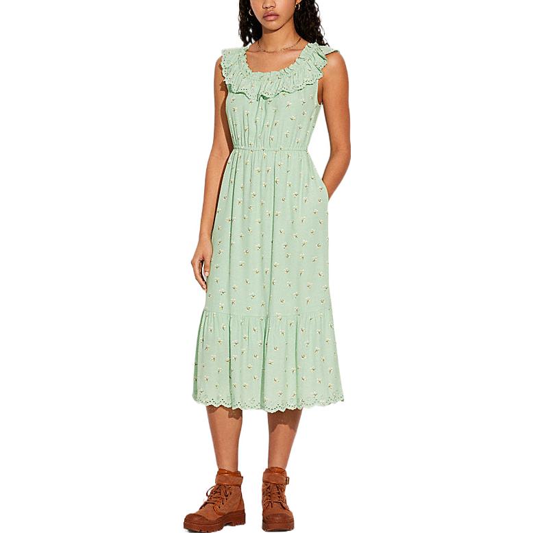 Lookbook COACH SS22 Gaun Maxi Tanpa Lengan Hijau Bunga Pinggang Tinggi. CA669-GN