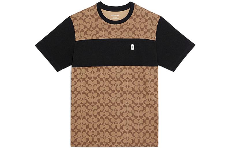 COACH SS22 Logo Print Patchwork Short-Sleeve T-Shirt Khaki . C9602-OFZ