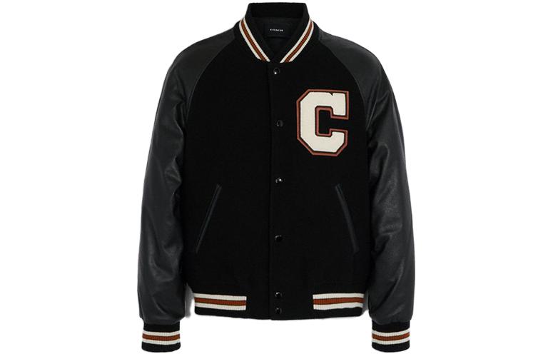 COACH SS23  Black Baseball Jacket with Logo Patch and Button Closure. CF802-BLK