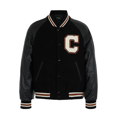 COACH SS23 Black Baseball Jacket with Logo Patch and Button Closure. CF802-BLK