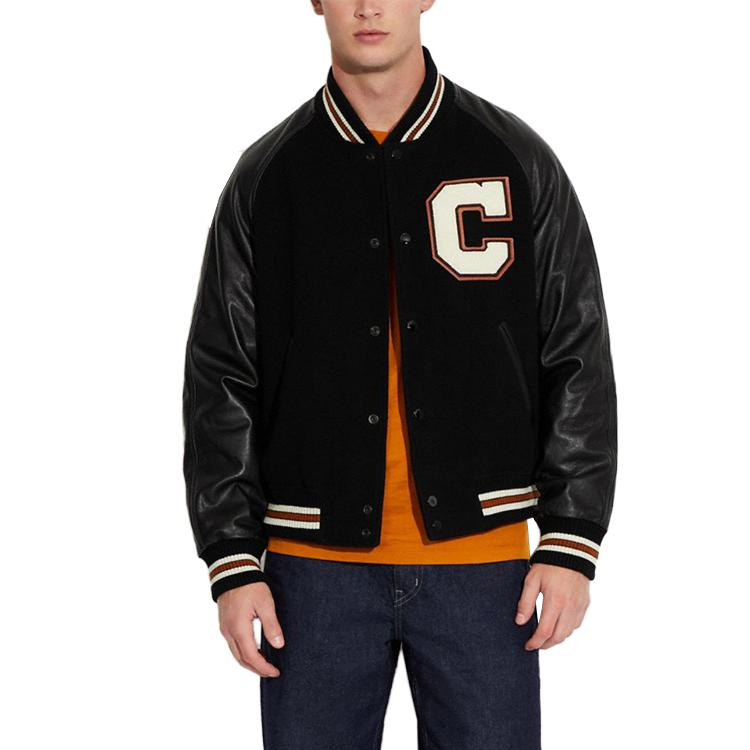 Lookbook COACH SS23  Black Baseball Jacket with Logo Patch and Button Closure. CF802-BLK