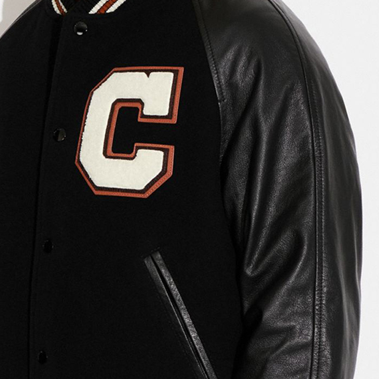 Details for COACH SS23  Black Baseball Jacket with Logo Patch and Button Closure. CF802-BLK