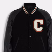 Sizing COACH SS23 Black Baseball Jacket with Logo Patch and Button Closure. CF802-BLK