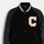 Sizing COACH SS23 Black Baseball Jacket with Logo Patch and Button Closure. CF802-BLK