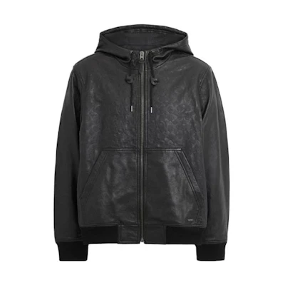 COACH SS23 Black Leather Hoodie Jacket with Zipper Pocket. CK513-OY2