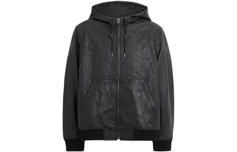 Order COACH SS23 黑色皮革連帽外套附拉鍊口袋. CK513-OY2