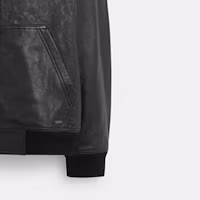 Sizing COACH SS23 Black Leather Hoodie Jacket with Zipper Pocket. CK513-OY2