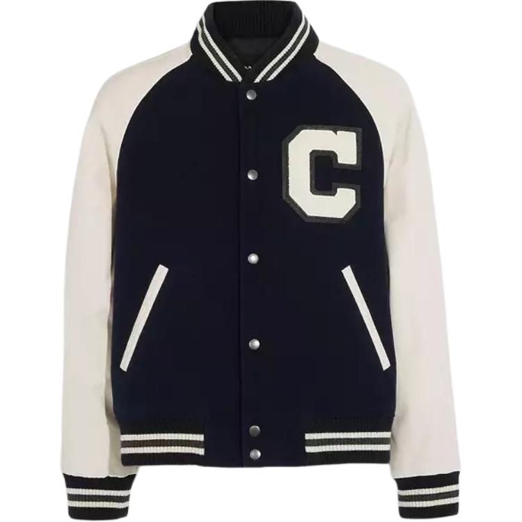 COACH SS23  Black Raglan Sleeve Varsity Jacket with Contrast Letter Patch. CF802-VC8