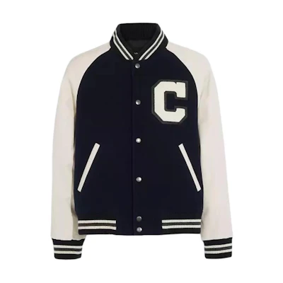 COACH SS23 Black Raglan Sleeve Varsity Jacket with Contrast Letter Patch. CF802-VC8