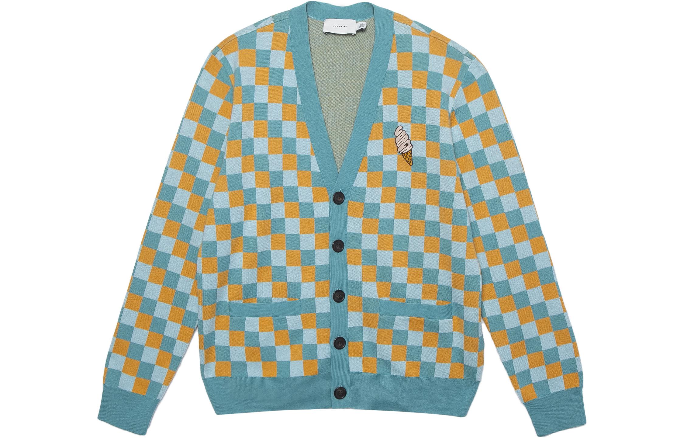 COACH SS23  Blue Plaid Knit Cardigan Long Sleeve Sweater. CG628-TEM