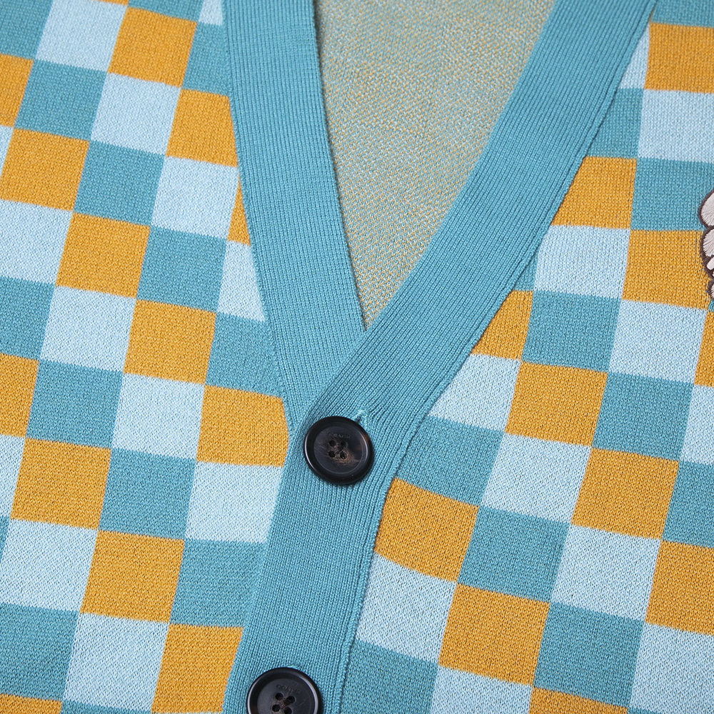 Details for COACH SS23  Blue Plaid Knit Cardigan Long Sleeve Sweater. CG628-TEM