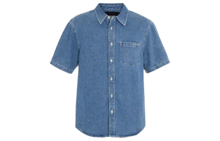 COACH SS23  Blue Solid Casual Short-Sleeve Button-Up Shirt. CI518-P9J