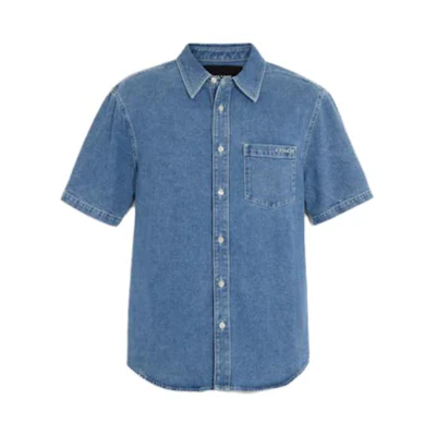 COACH SS23 Blue Solid Casual Short-Sleeve Button-Up Shirt. CI518-P9J