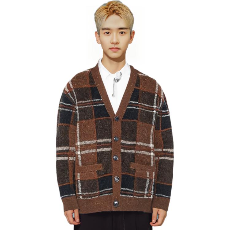 Details for COACH SS23  Brown Plaid V-Neck Single-Breasted Sweater. CB655-MYB