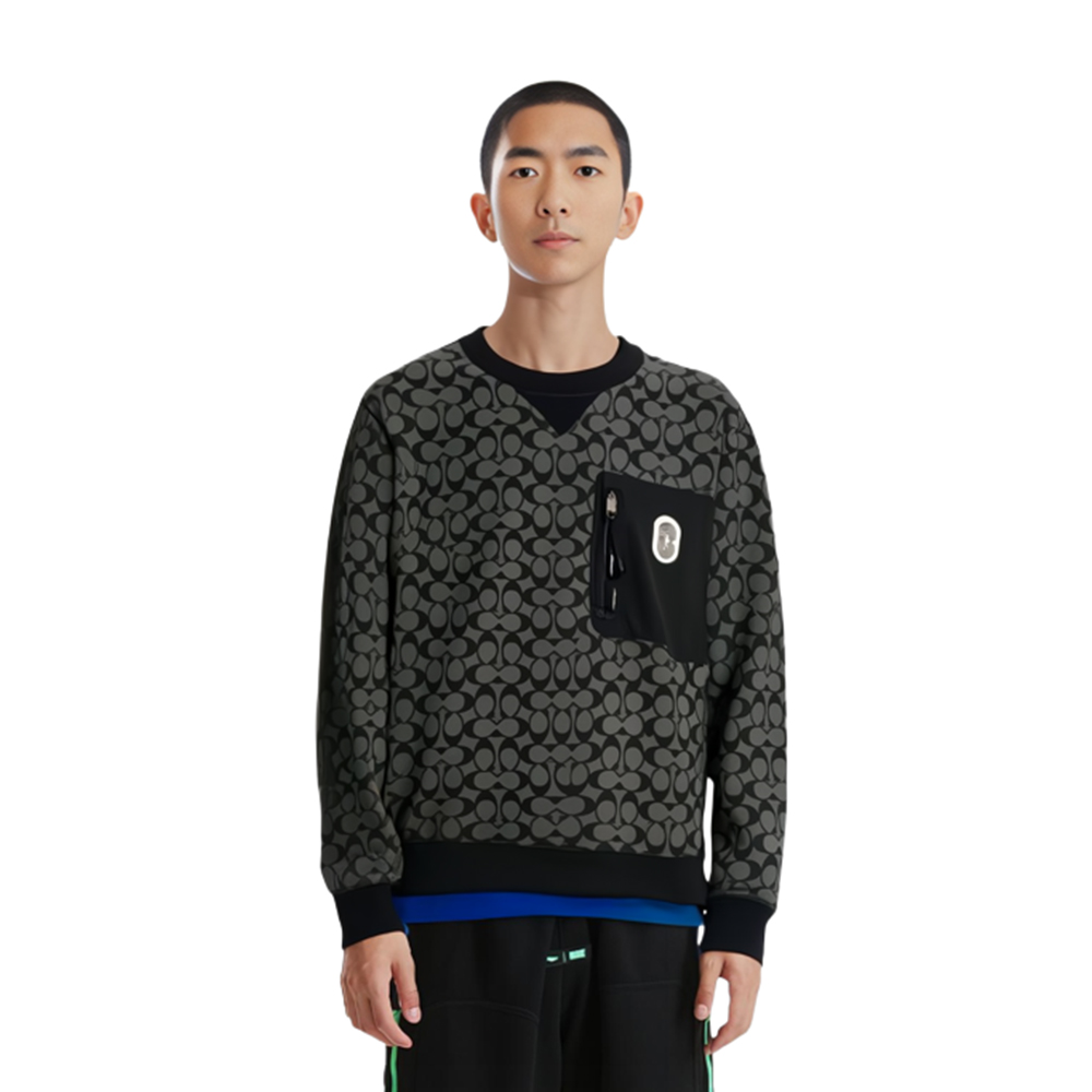 Lookbook 코치 SS23 그레이 풀오버 스웨트셔츠 올오버 프린트 디자인. 89748-OY2