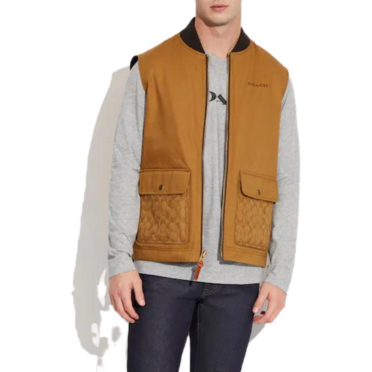 Shop COACH SS23 Khaki Zip V-Neck Baju Tanpa Lengan Baseball Collar. CF801-VC7