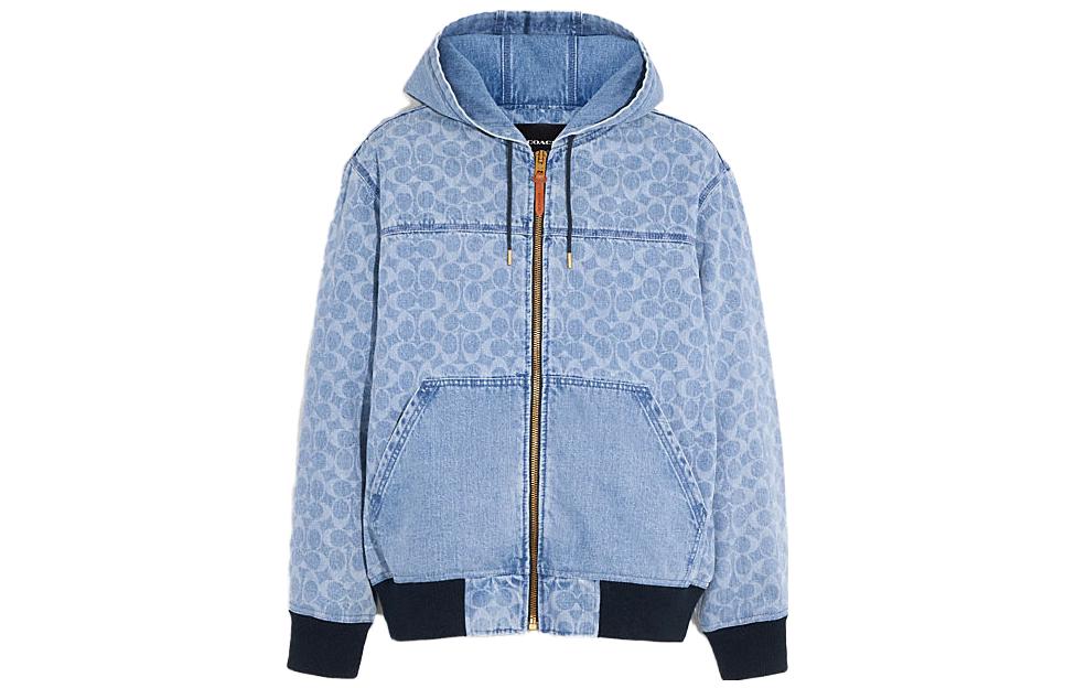 COACH SS23  Logo Print Hooded Denim Jacket in Blue. CF793-P9J