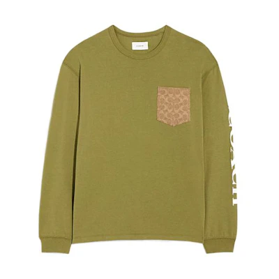 COACH SS23 Olive Green Long-Sleeve T-Shirt with Pocket & Letter Print. CG693-OLV