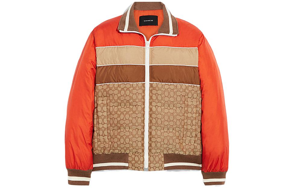 COACH SS23  Orange Patchwork Puffer Zip-Up Jacket with Collar. CG689-VEE