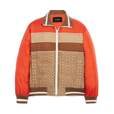 COACH SS23 Orange Patchwork Puffer Zip-Up Jacket with Collar. CG689-VEE